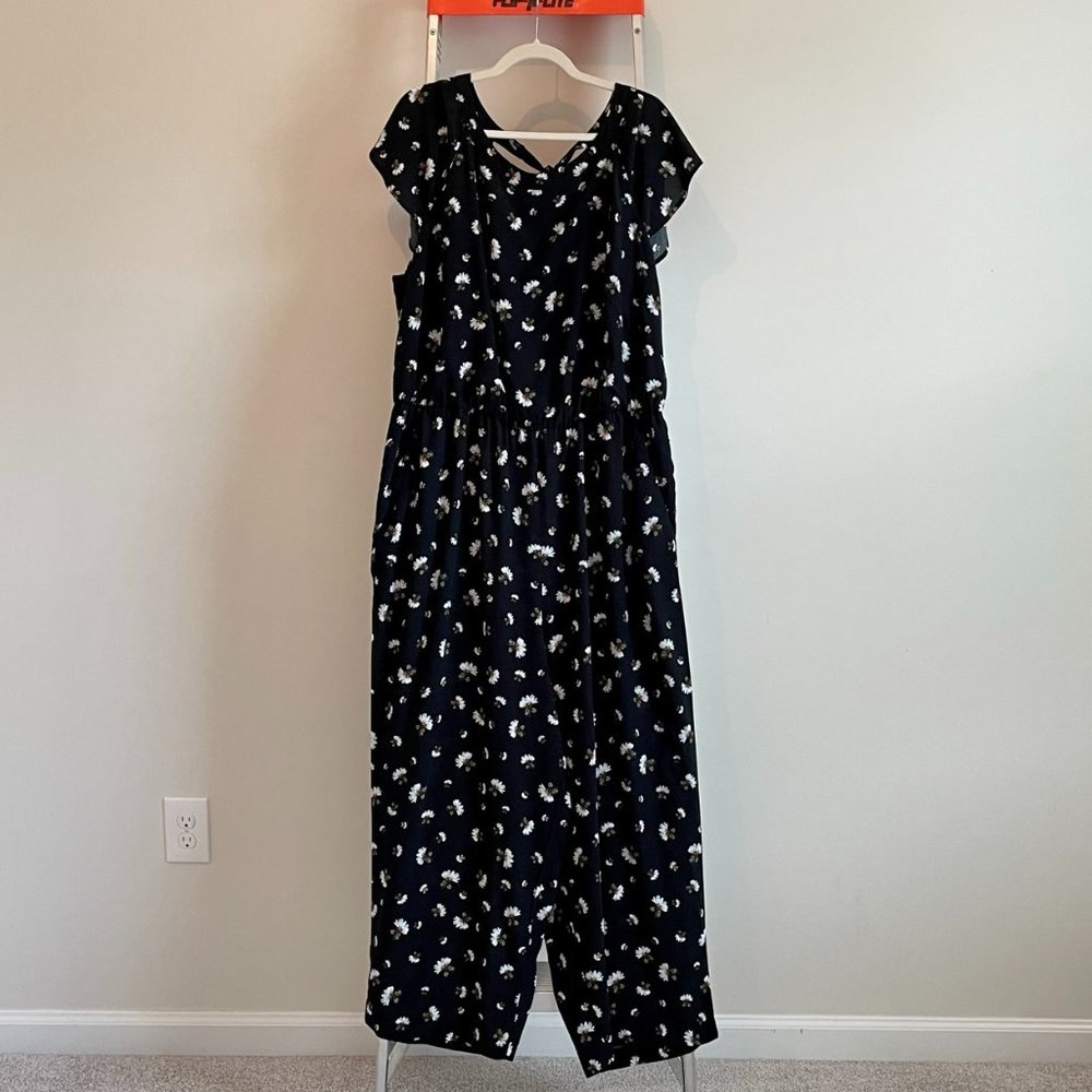 EUC LOFT Plus black floral  jumpsuit with tie back